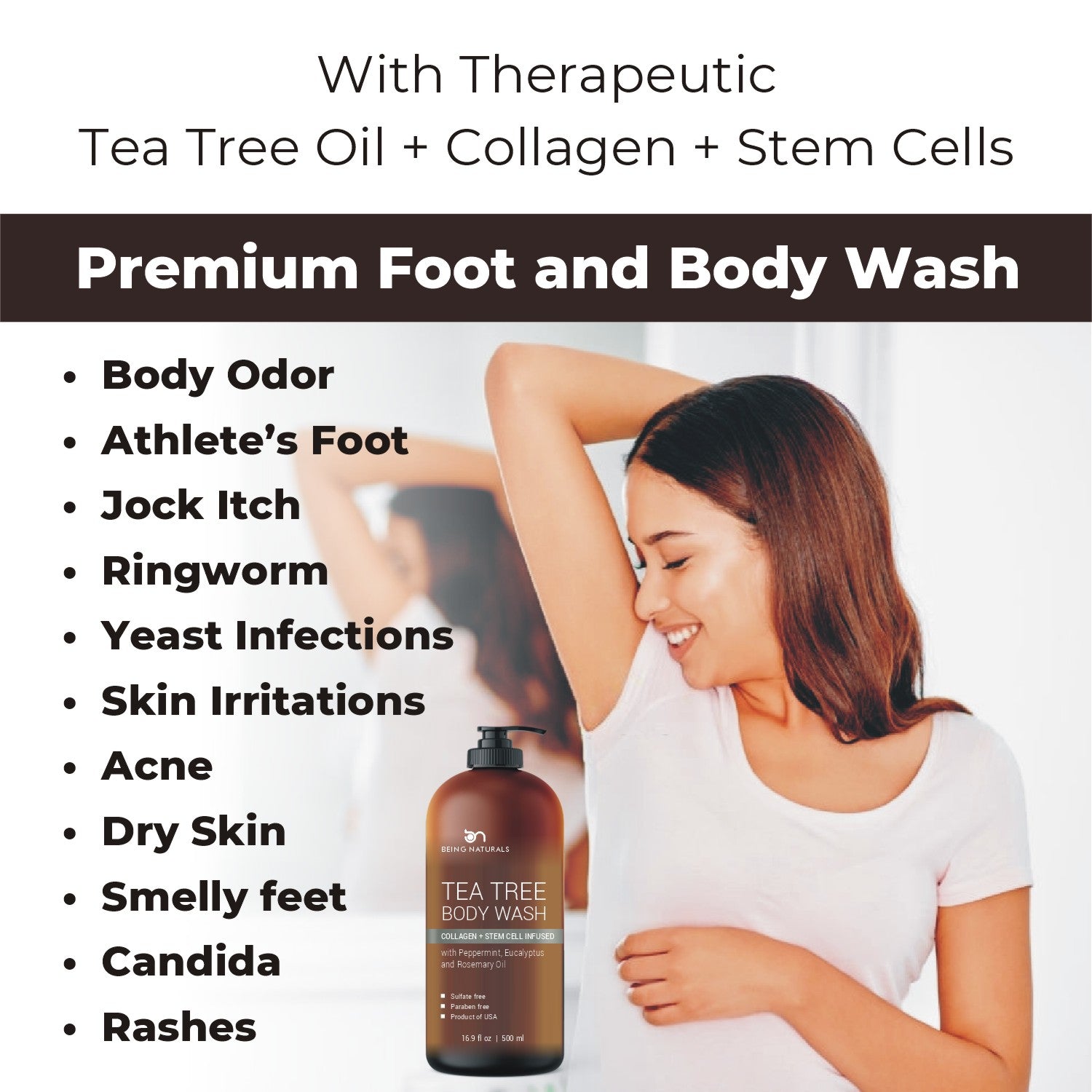 Tea Tree Body Wash -w/ Stem Cell, Collagen & Organic TeaTree Oil Fights Body Odor, Acne, Athlete’s Foot, Jock Itch, Dandruff, Eczema, Yeast Infection, Shower Gel for Women & Men, Skin Cleanser 16.9 oz
