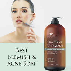 Tea Tree Body Wash -w/ Stem Cell, Collagen & Organic TeaTree Oil Fights Body Odor, Acne, Athlete’s Foot, Jock Itch, Dandruff, Eczema, Yeast Infection, Shower Gel for Women & Men, Skin Cleanser 16.9 oz