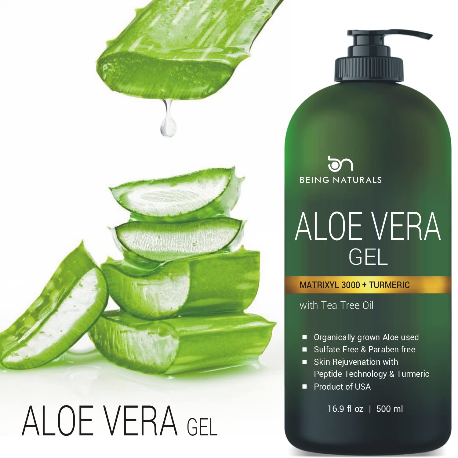 Aloe vera Gel - from 100% Pure Organic Aloe Infused with Matrixyl 3000 (Peptides), Turmeric, Tea Tree Oil - Natural Raw Moisturizer for Face, Body, Hair. Perfect for Sunburn, Acne, Razor Bumps 16.9 fl oz