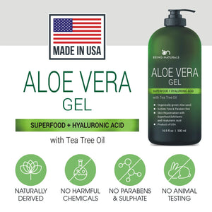 Aloe vera Gel - from 100% Pure Organic Aloe Infused with wonderful ingredients - Natural Raw Moisturizer for Face, Body, Hair. Perfect for Sunburn, Acne, Razor Bumps 16.9 fl oz (Tea Tree, Superfood, Hyaluronic Acid)