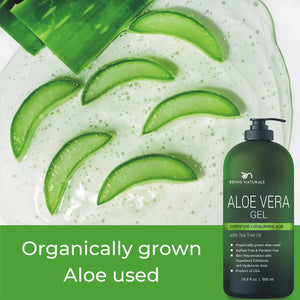 Aloe vera Gel - from 100% Pure Organic Aloe Infused with wonderful ingredients - Natural Raw Moisturizer for Face, Body, Hair. Perfect for Sunburn, Acne, Razor Bumps 16.9 fl oz (Tea Tree, Superfood, Hyaluronic Acid)