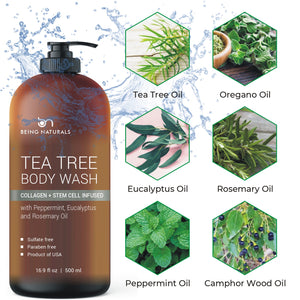 Tea Tree Body Wash -w/ Stem Cell, Collagen & Organic TeaTree Oil Fights Body Odor, Acne, Athlete’s Foot, Jock Itch, Dandruff, Eczema, Yeast Infection, Shower Gel for Women & Men, Skin Cleanser 16.9 oz