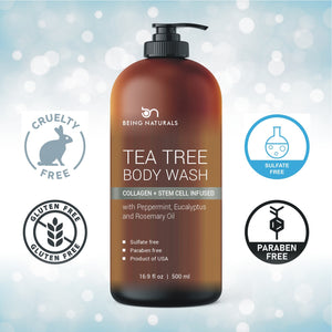 Tea Tree Body Wash -w/ Stem Cell, Collagen & Organic TeaTree Oil Fights Body Odor, Acne, Athlete’s Foot, Jock Itch, Dandruff, Eczema, Yeast Infection, Shower Gel for Women & Men, Skin Cleanser 16.9 oz