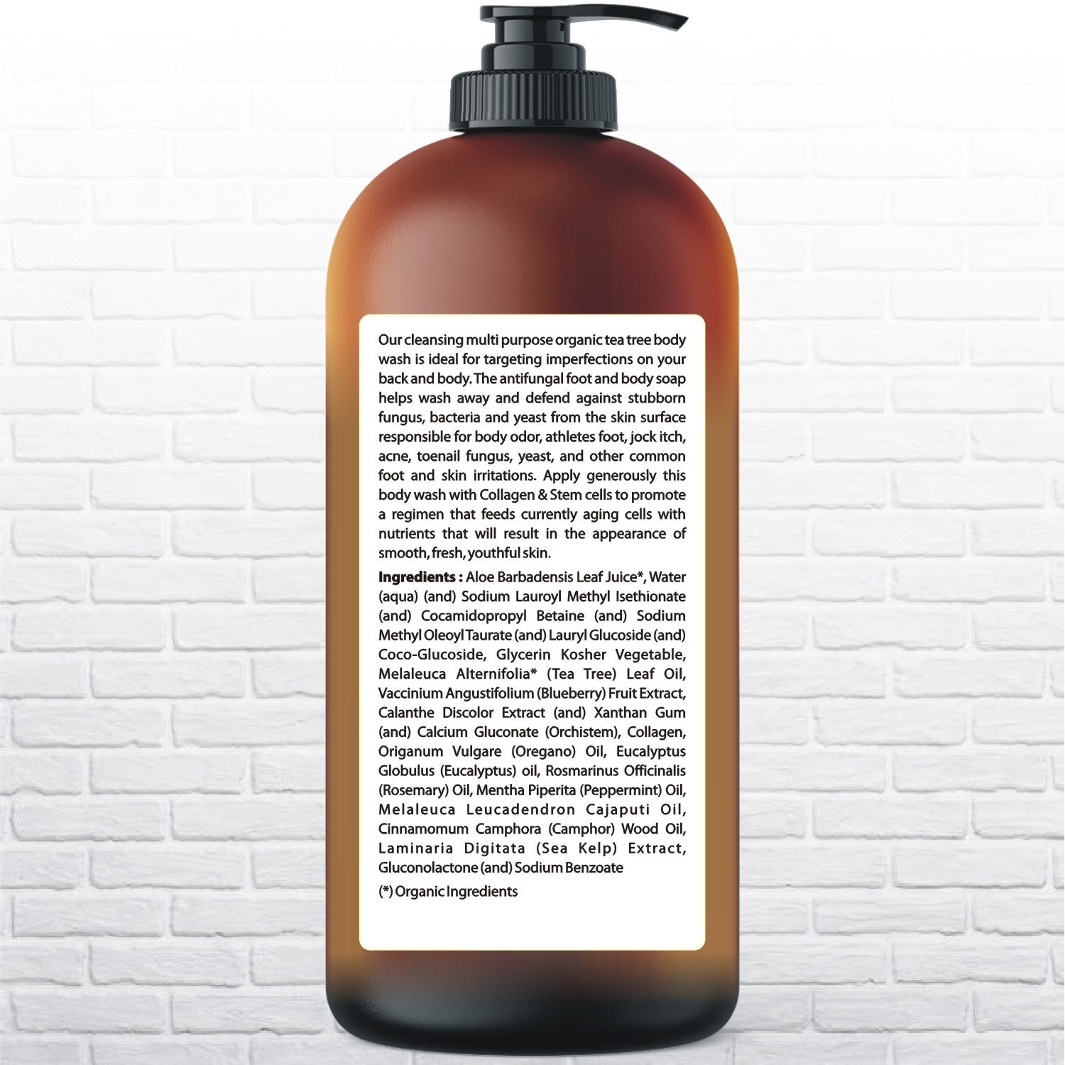 Tea Tree Body Wash -w/ Stem Cell, Collagen & Organic TeaTree Oil Fights Body Odor, Acne, Athlete’s Foot, Jock Itch, Dandruff, Eczema, Yeast Infection, Shower Gel for Women & Men, Skin Cleanser 16.9 oz